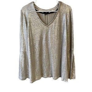 Drew Women's Size L Metallic Gold 100 Linen Belle Blouse Long Sleeve Hippie Y2K
